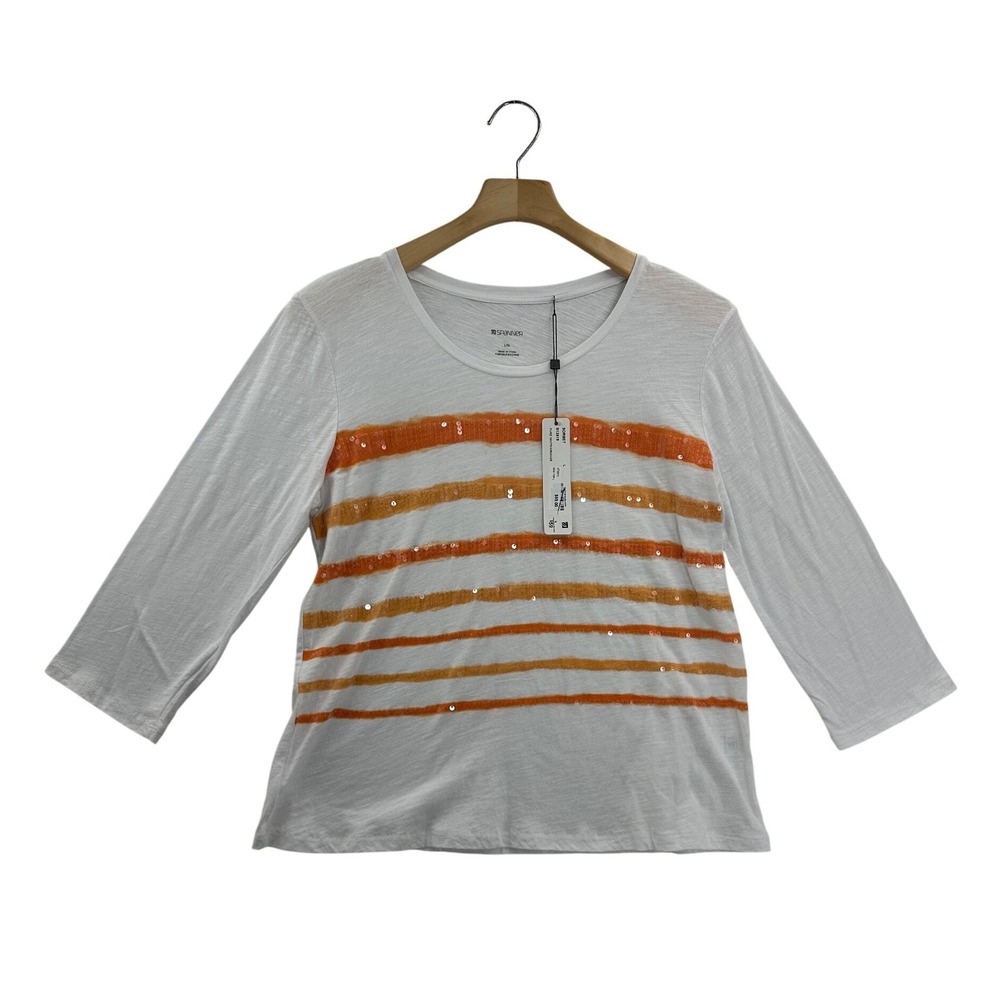 SPANNER Women's White Orange Sequin Stripe 3/4 Sleeve Top Size L